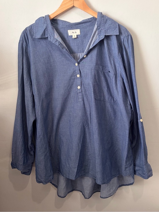Per Se Tops - Per Se Chambray Denim Blue Lightweight Cotton Roll Tab Tunic Blouse 2X Coastal
